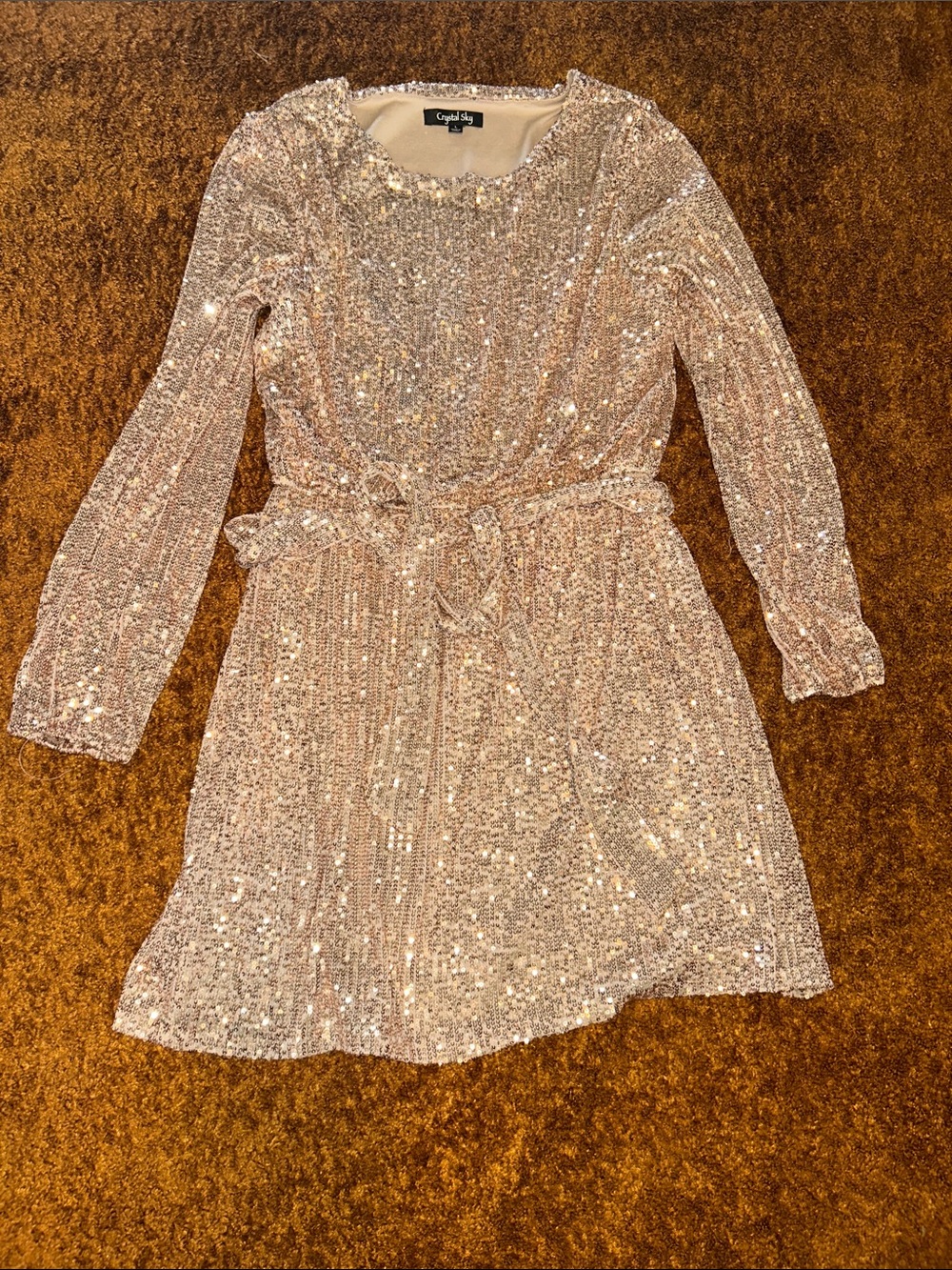 Capelli of New York Rose Gold Sequin Long Sleeve Tie-Waist Dress
